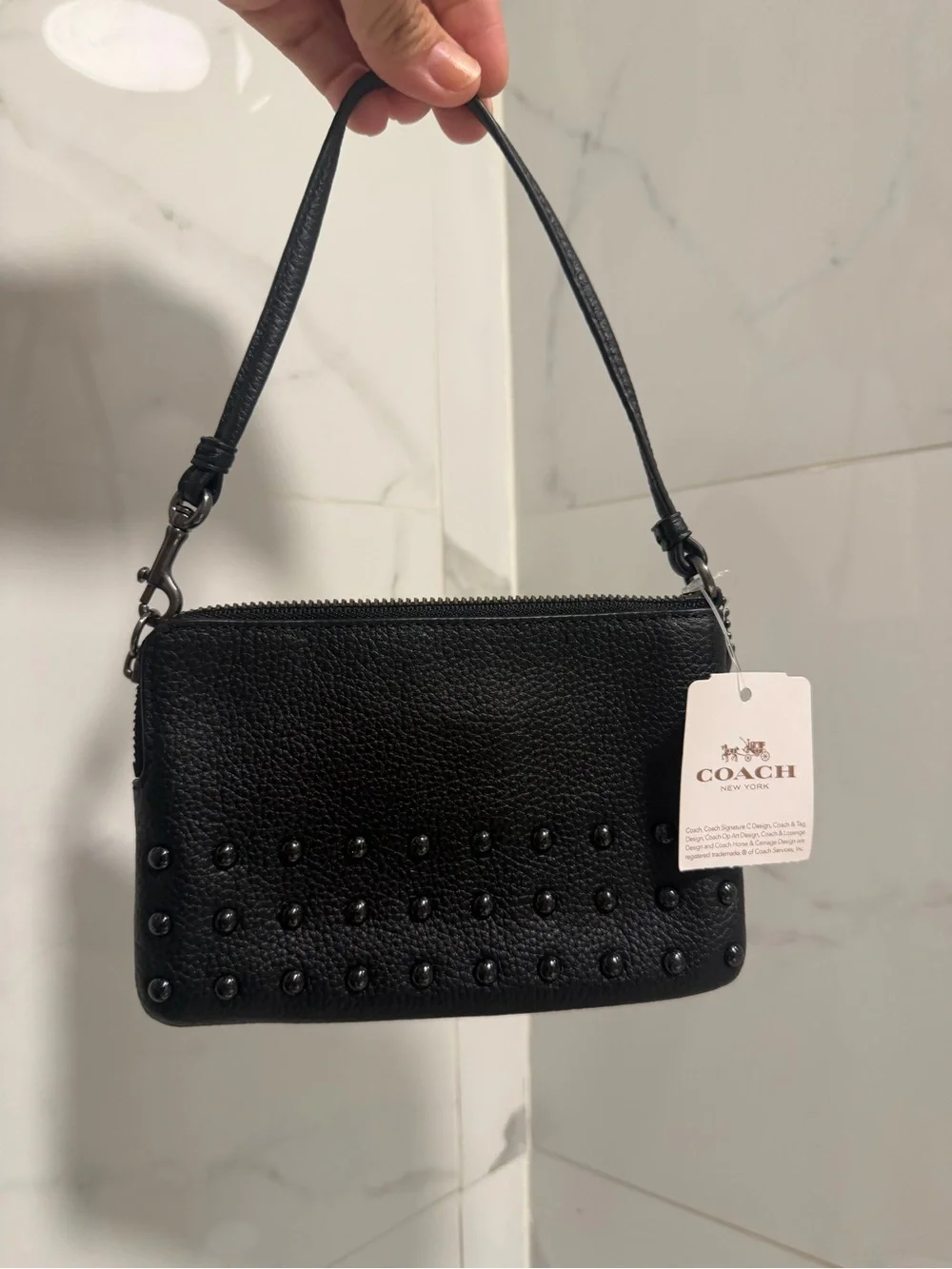 Coach Black Pebbled Leather Studded Mini Wristlet brand new